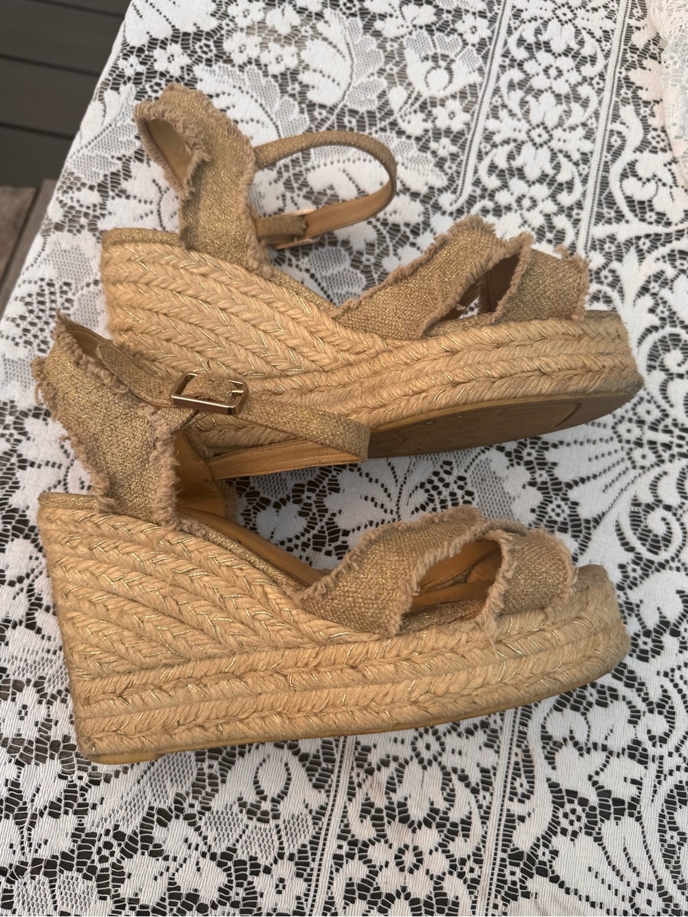 Castaner Tan Espadrille Wedge Sandals with Frayed Straps